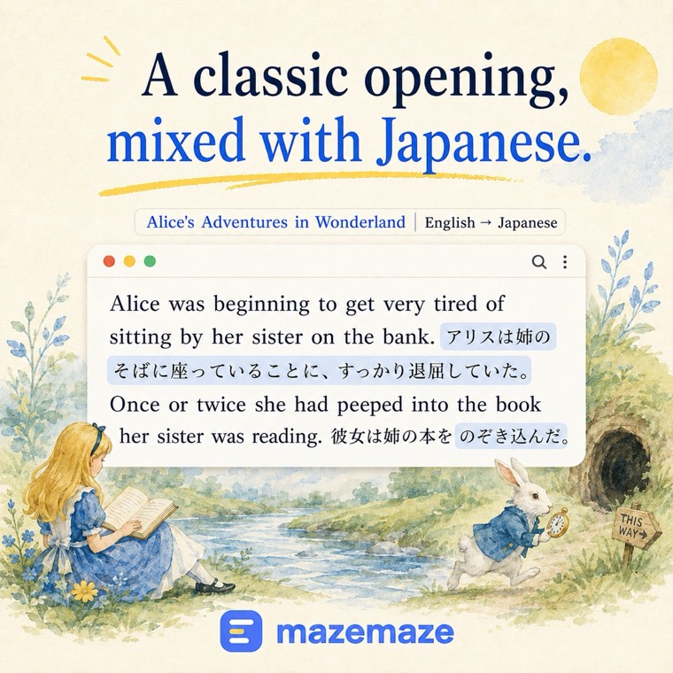The opening of Alice's Adventures in Wonderland with Japanese sentences mixed in
