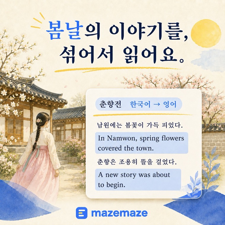 「춘향전」의 한 장면에 영어 문장이 섞여 있는 예